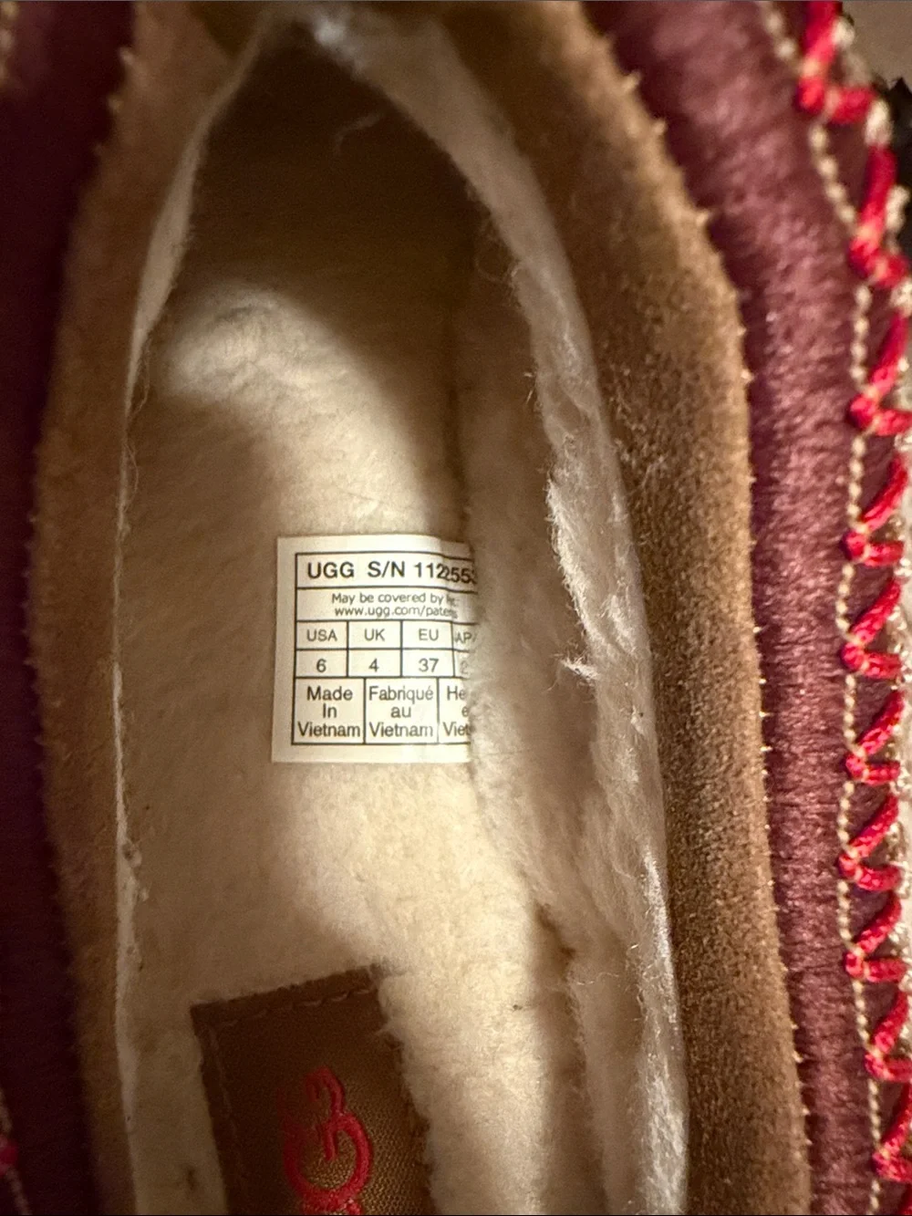 UGG Chestnut Suede Slip-Ons with Red Trim